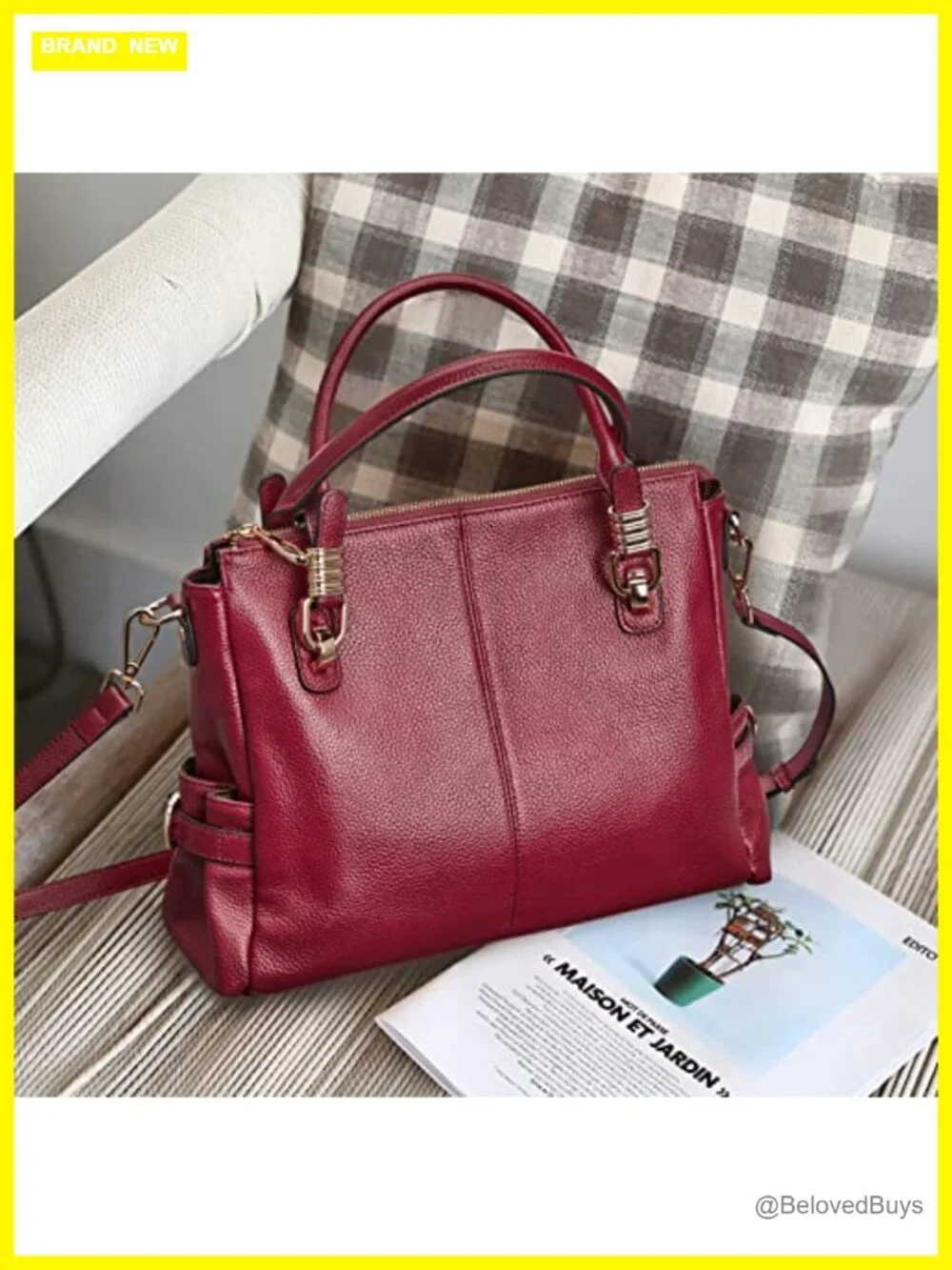 Vintage Style Satchel Tote Shoulder Bag with Top Grain Pebbled Cowhide Leather